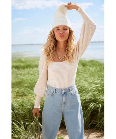 Long Sleeve Square Neck Sparkle Sweater White $36.09 Sweaters