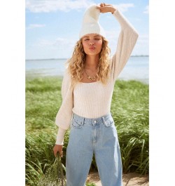 Long Sleeve Square Neck Sparkle Sweater White $36.09 Sweaters