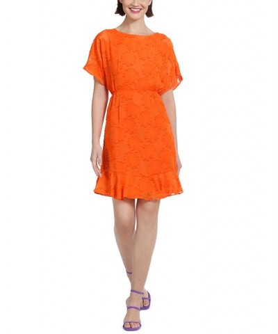 Women's Jewel-Neck Ruffle-Sleeve Burnout Dress Bright Orange $45.88 Dresses