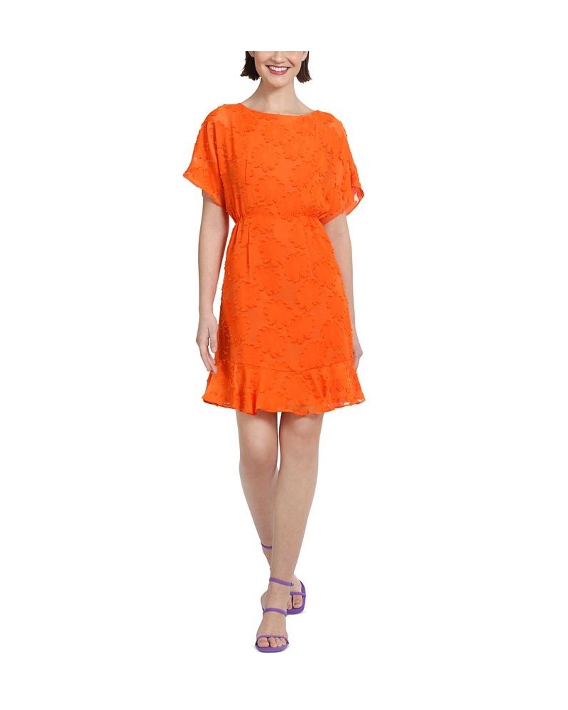 Women's Jewel-Neck Ruffle-Sleeve Burnout Dress Bright Orange $45.88 Dresses