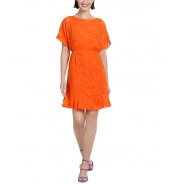 Women's Jewel-Neck Ruffle-Sleeve Burnout Dress Bright Orange $45.88 Dresses