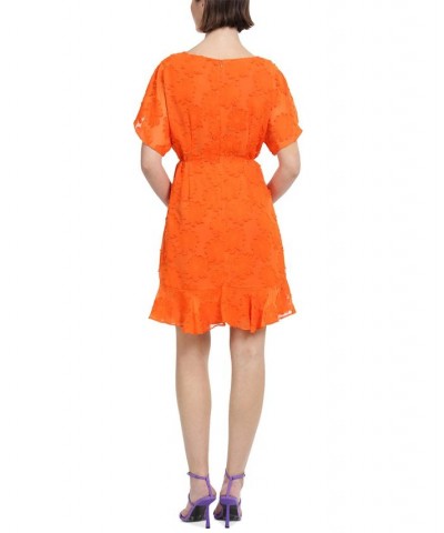 Women's Jewel-Neck Ruffle-Sleeve Burnout Dress Bright Orange $45.88 Dresses