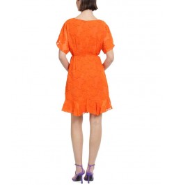 Women's Jewel-Neck Ruffle-Sleeve Burnout Dress Bright Orange $45.88 Dresses