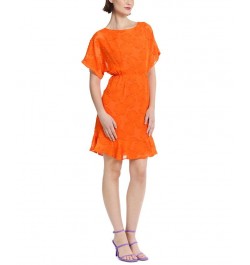 Women's Jewel-Neck Ruffle-Sleeve Burnout Dress Bright Orange $45.88 Dresses