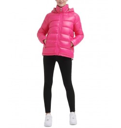 Women's High-Shine Hooded Puffer Coat Hot Pink $57.20 Coats