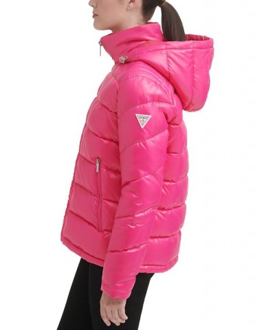 Women's High-Shine Hooded Puffer Coat Hot Pink $57.20 Coats