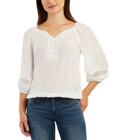 Juniors' Crochet-Trimmed Gauzy 3/4-Sleeve Peasant Top Off White $25.92 Tops