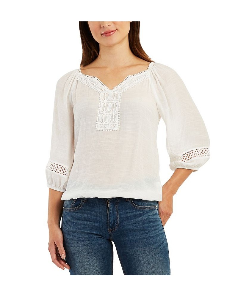 Juniors' Crochet-Trimmed Gauzy 3/4-Sleeve Peasant Top Off White $25.92 Tops