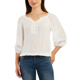 Juniors' Crochet-Trimmed Gauzy 3/4-Sleeve Peasant Top Off White $25.92 Tops