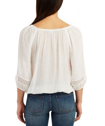 Juniors' Crochet-Trimmed Gauzy 3/4-Sleeve Peasant Top Off White $25.92 Tops