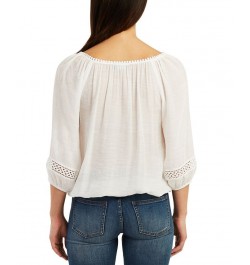 Juniors' Crochet-Trimmed Gauzy 3/4-Sleeve Peasant Top Off White $25.92 Tops