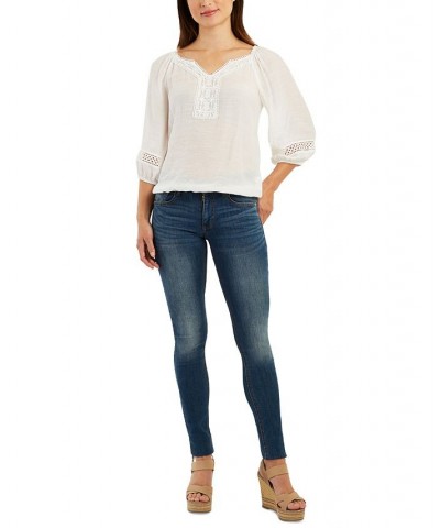 Juniors' Crochet-Trimmed Gauzy 3/4-Sleeve Peasant Top Off White $25.92 Tops