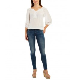 Juniors' Crochet-Trimmed Gauzy 3/4-Sleeve Peasant Top Off White $25.92 Tops