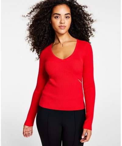 Women's Ribbed Side-Slit Sweater Red $14.90 Sweaters