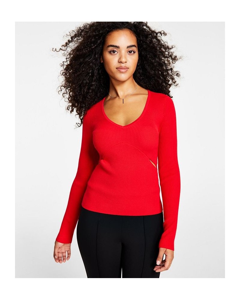 Women's Ribbed Side-Slit Sweater Red $14.90 Sweaters