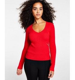 Women's Ribbed Side-Slit Sweater Red $14.90 Sweaters