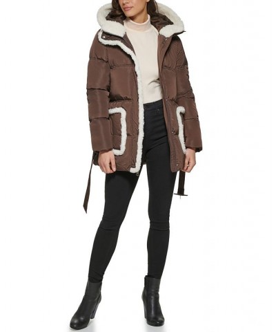 Women's Faux Sherpa Trim Hooded Puffer Coat Brown $89.70 Coats