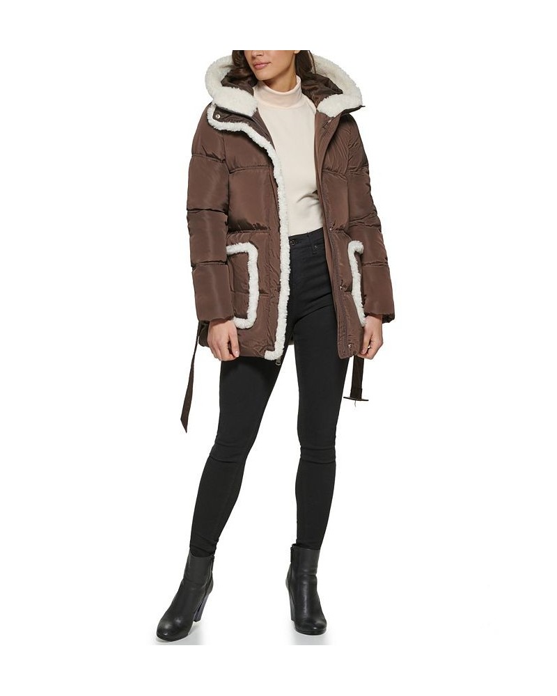 Women's Faux Sherpa Trim Hooded Puffer Coat Brown $89.70 Coats