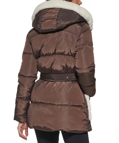 Women's Faux Sherpa Trim Hooded Puffer Coat Brown $89.70 Coats