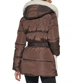 Women's Faux Sherpa Trim Hooded Puffer Coat Brown $89.70 Coats