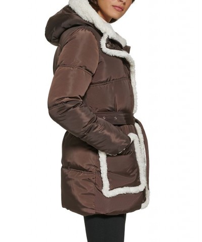 Women's Faux Sherpa Trim Hooded Puffer Coat Brown $89.70 Coats