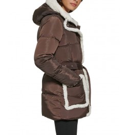 Women's Faux Sherpa Trim Hooded Puffer Coat Brown $89.70 Coats