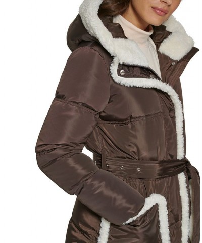 Women's Faux Sherpa Trim Hooded Puffer Coat Brown $89.70 Coats