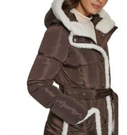 Women's Faux Sherpa Trim Hooded Puffer Coat Brown $89.70 Coats