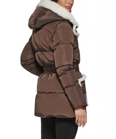 Women's Faux Sherpa Trim Hooded Puffer Coat Brown $89.70 Coats