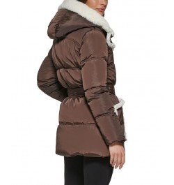 Women's Faux Sherpa Trim Hooded Puffer Coat Brown $89.70 Coats