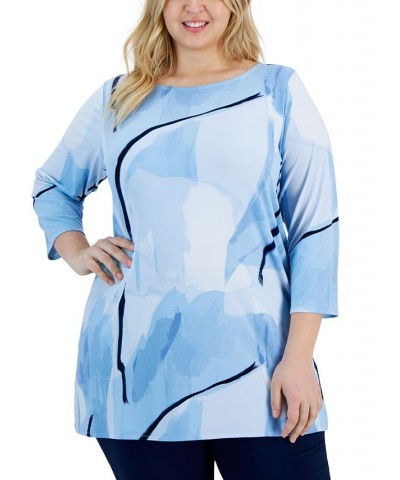 Plus Size Boat-Neck 3/4-Sleeve Tunic Blue $23.45 Tops