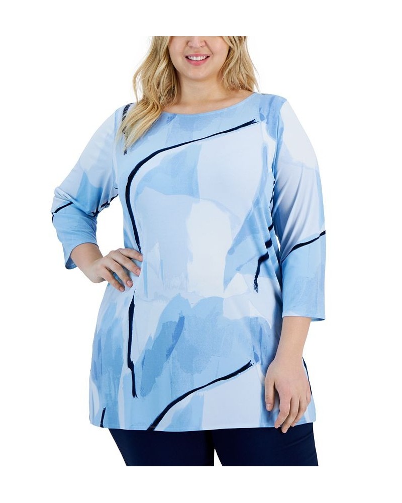 Plus Size Boat-Neck 3/4-Sleeve Tunic Blue $23.45 Tops