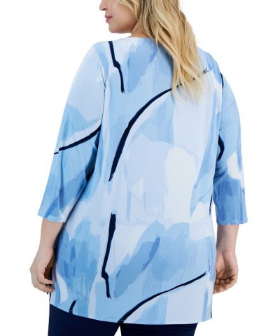 Plus Size Boat-Neck 3/4-Sleeve Tunic Blue $23.45 Tops