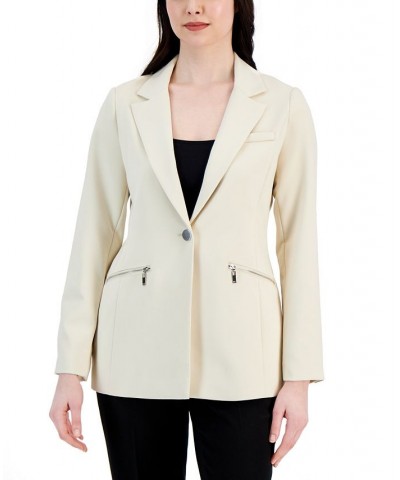 Women's Notched-Collar One-Button Zipper-Pocket Blazer Jasper Stone $83.66 Jackets