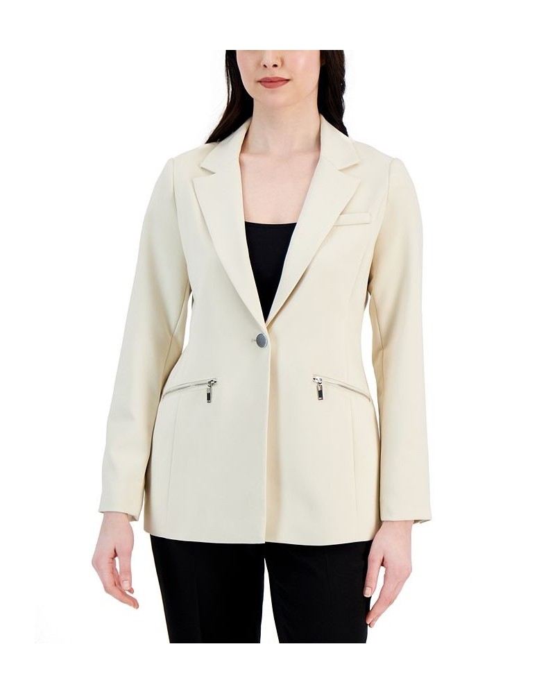 Women's Notched-Collar One-Button Zipper-Pocket Blazer Jasper Stone $83.66 Jackets