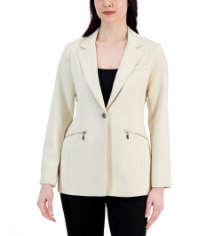 Women's Notched-Collar One-Button Zipper-Pocket Blazer Jasper Stone $83.66 Jackets