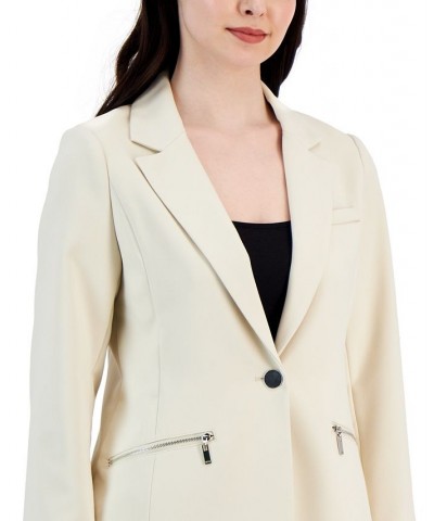 Women's Notched-Collar One-Button Zipper-Pocket Blazer Jasper Stone $83.66 Jackets