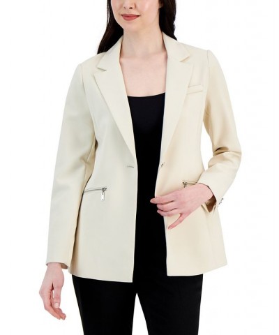 Women's Notched-Collar One-Button Zipper-Pocket Blazer Jasper Stone $83.66 Jackets