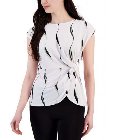 Petite Abstract-Print Side-Knot Sleeveless Top Soft Swirl Bright White $14.60 Tops