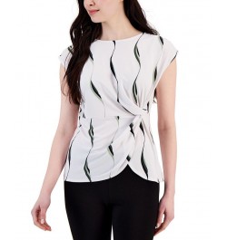 Petite Abstract-Print Side-Knot Sleeveless Top Soft Swirl Bright White $14.60 Tops