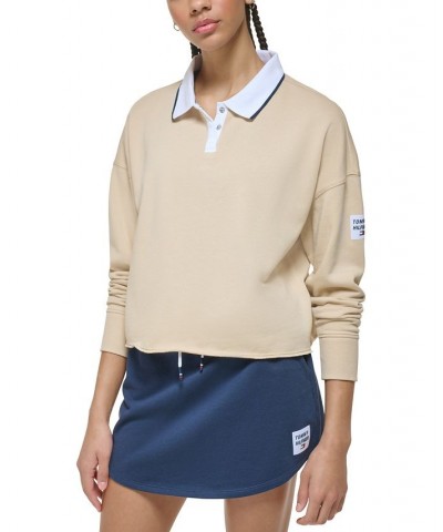 Women's French Terry Cropped Polo Sweatshirt Tan/Beige $34.75 Tops