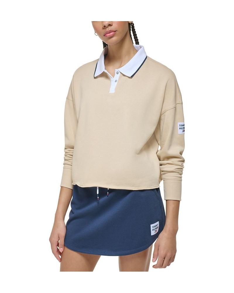 Women's French Terry Cropped Polo Sweatshirt Tan/Beige $34.75 Tops