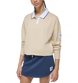 Women's French Terry Cropped Polo Sweatshirt Tan/Beige $34.75 Tops