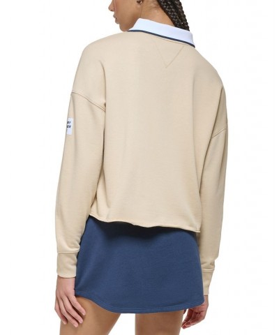 Women's French Terry Cropped Polo Sweatshirt Tan/Beige $34.75 Tops