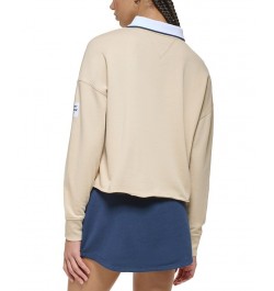 Women's French Terry Cropped Polo Sweatshirt Tan/Beige $34.75 Tops