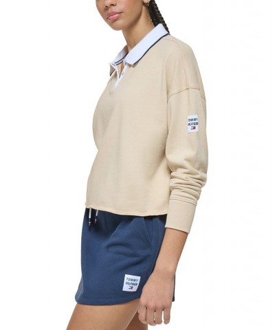 Women's French Terry Cropped Polo Sweatshirt Tan/Beige $34.75 Tops