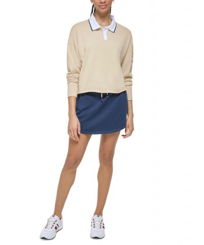 Women's French Terry Cropped Polo Sweatshirt Tan/Beige $34.75 Tops