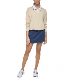 Women's French Terry Cropped Polo Sweatshirt Tan/Beige $34.75 Tops