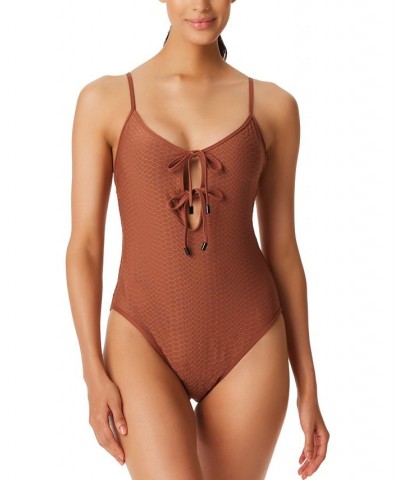 Women's Snake-Print Keyhole Tie-Front One-Piece Swimsuit Brown $38.70 Swimsuits