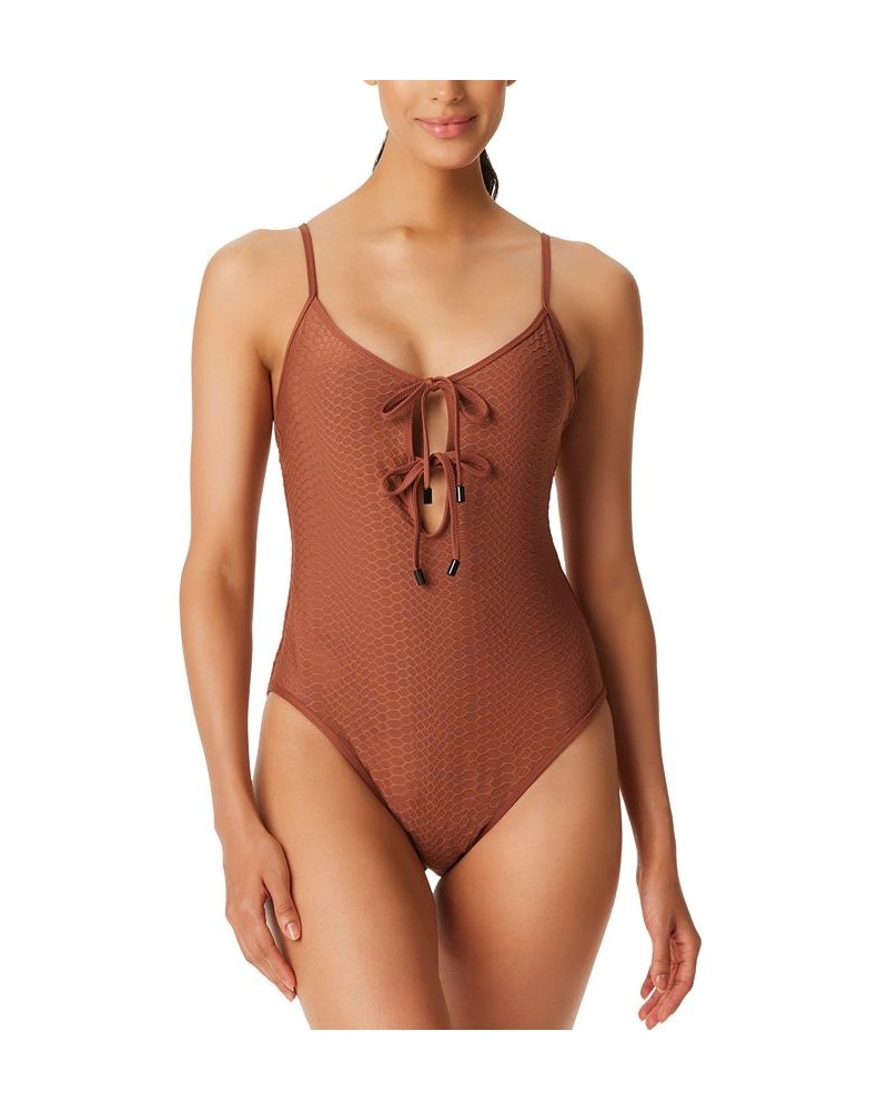 Women's Snake-Print Keyhole Tie-Front One-Piece Swimsuit Brown $38.70 Swimsuits